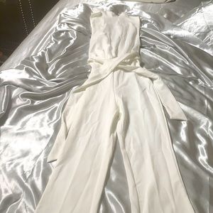 White scuba high neck tie waist jumpsuit